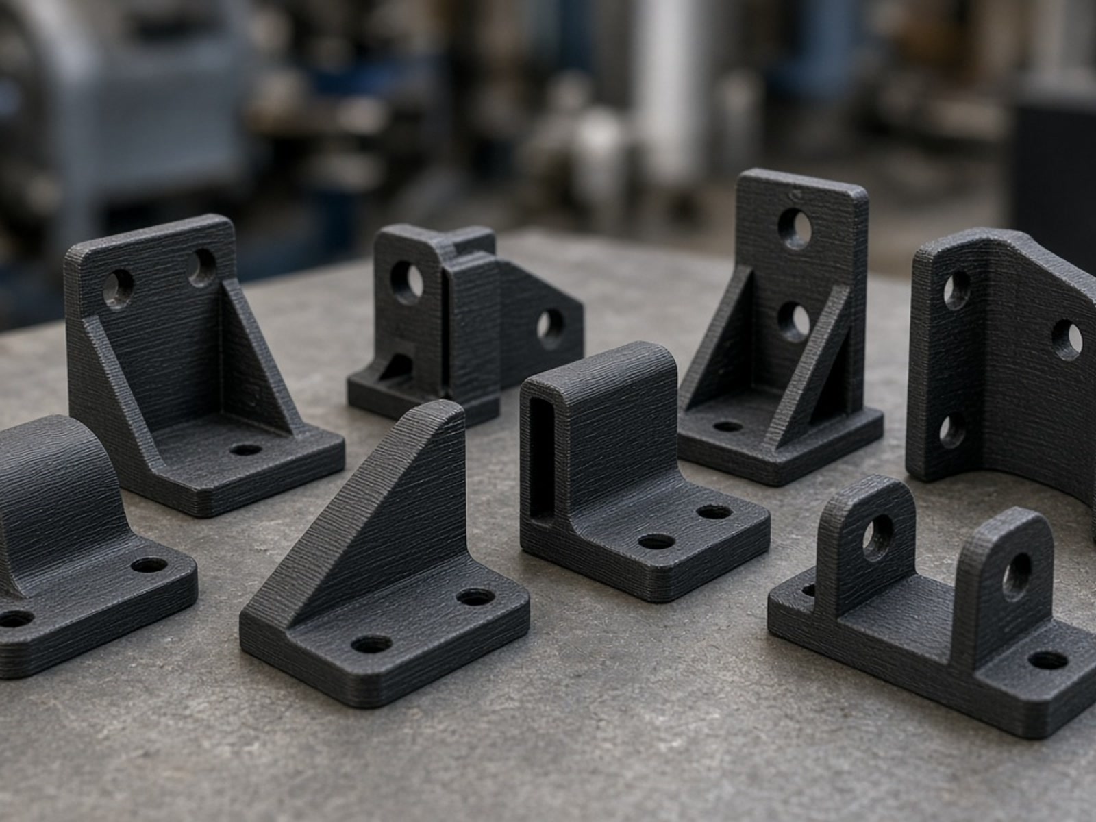 3D printed industrial bracket with reinforced ribs and mounting points