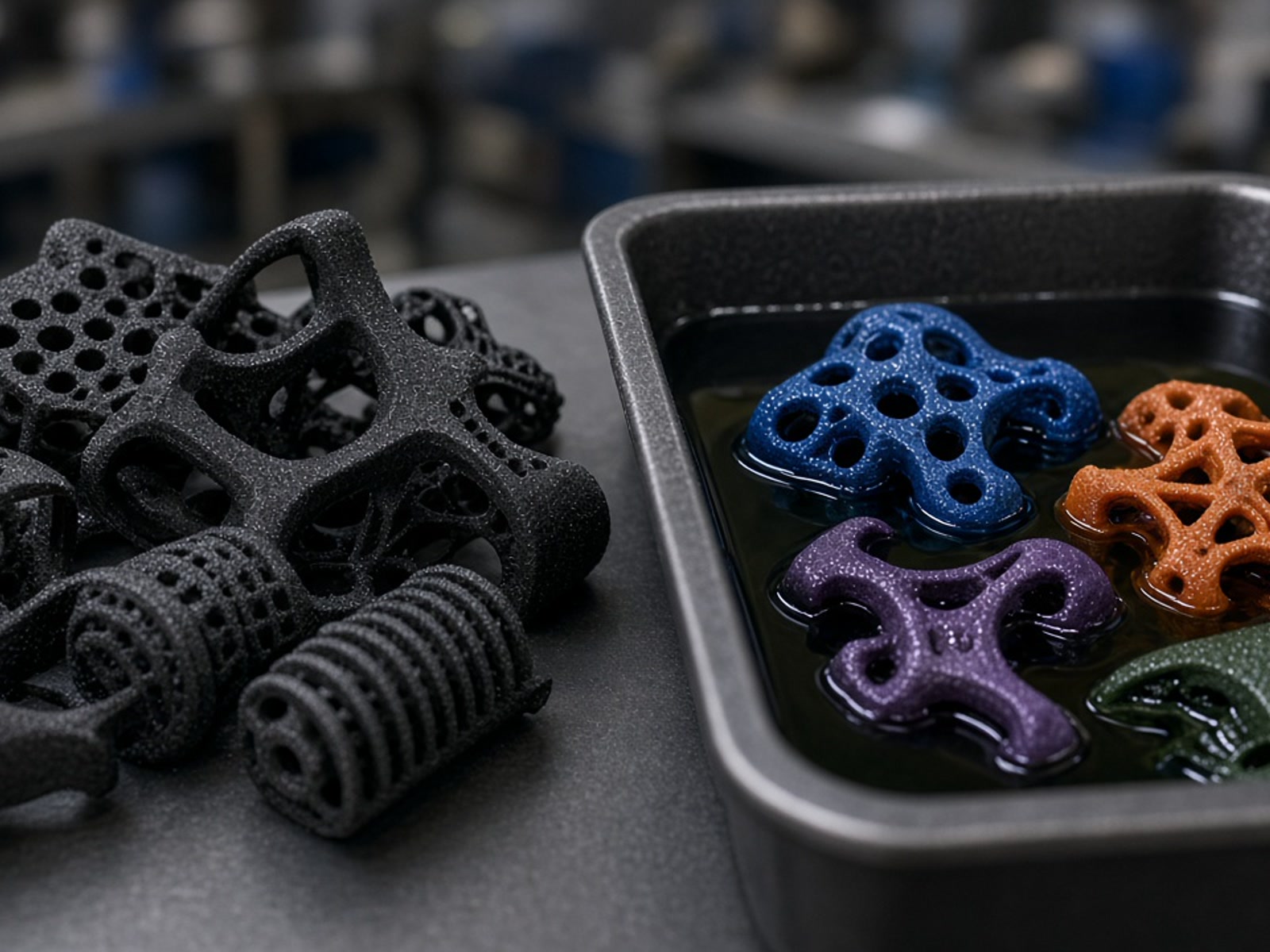 Dyed powder-bed fusion 3D printed parts produced through industrial additive manufacturing